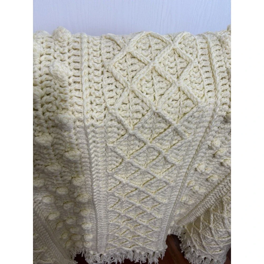 Crochet Afghan Throw Blanket Yellow 3D Nolan Aran Diamond Bobble Fringe Handmade